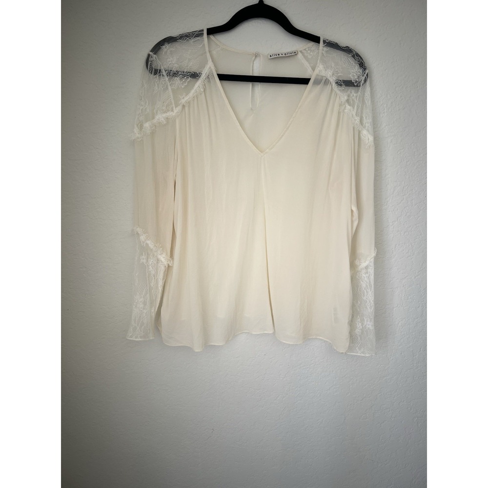 ALICE + OLIVIA IVORY LACE DETAIL LONG SLEEVE SILK BLOUSE TOP SIZE SMALL